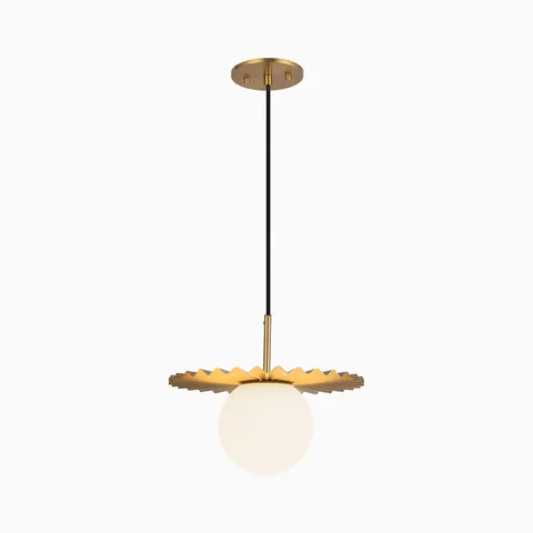 Brushed gold pendant light with a pleated metal shade and frosted globe diffuser suspended from a slim black rod, creating a sculptural modern silhouette.