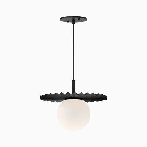 Modern matte black pendant light with a folded metal shade and white globe diffuser, offering soft ambient illumination with a bold geometric form.