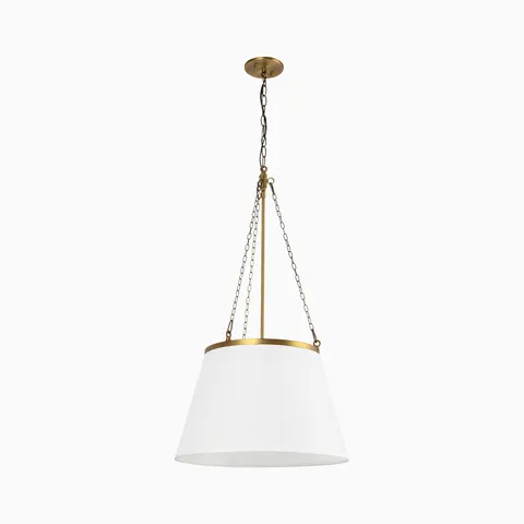 Modern brushed gold pendant with a wide white fabric shade suspended by chains, offering diffused lighting for dining areas or kitchen islands.