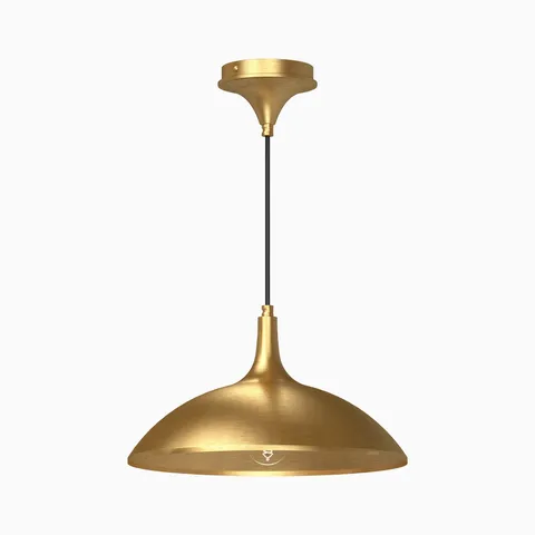 Brushed gold pendant with a broad rounded shade and clean sculpted lines, blending warm metallic finish with minimal Scandinavian inspired design