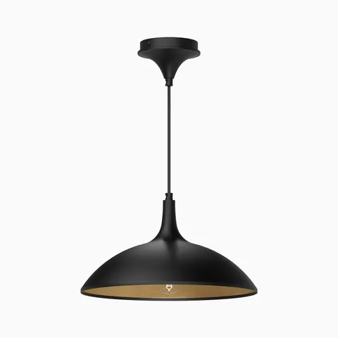 Matte black pendant with a broad, rounded shade and smooth, sculpted lines, offering a minimal, organic look inspired by Scandinavian and Japanese design