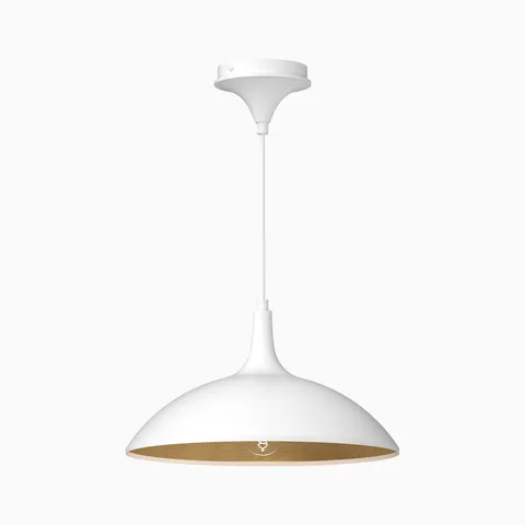 Minimal white pendant with a wide, rounded shade and clean lines, bringing a soft Scandinavian and Japanese inspired feel to modern spaces
