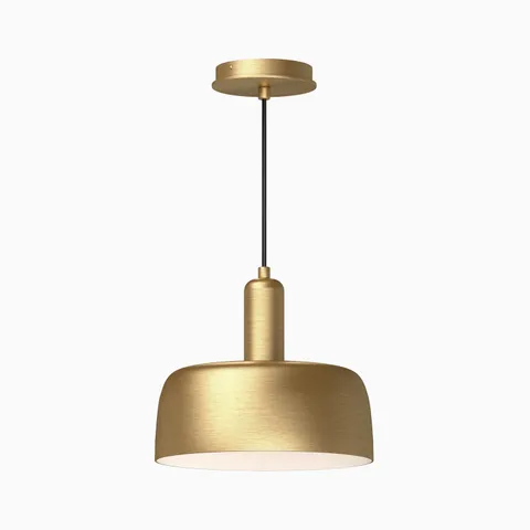 Brushed gold pendant with a tiered metal body, smooth cylindrical stem, and clean minimalist silhouette in a warm, earthy finish