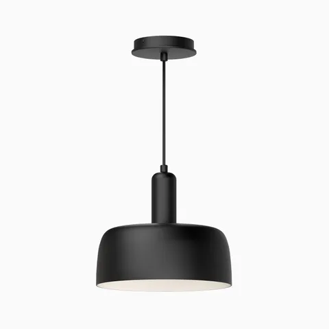 Matte black pendant with a tiered metal body, cylindrical stem, and clean minimalist silhouette