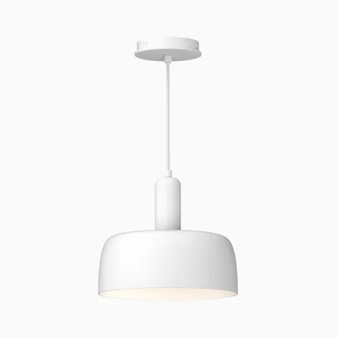 White pendant with a tiered metal body, smooth cylindrical stem, and clean minimalist silhouette in a soft matte finish