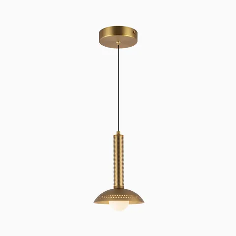 Brushed brass pendant with a ribbed stem and shallow dome shade, featuring a visible globe bulb and subtle perforated detail around the rim