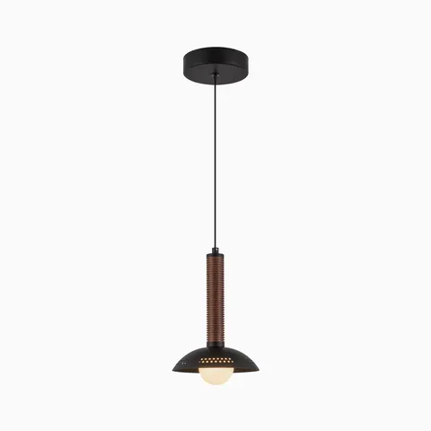 Black pendant with ribbed brown stem and shallow dome shade, featuring a visible globe bulb and subtle perforated detail around the rim
