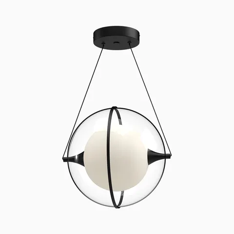 Black pendant with a frosted glass core inside a clear outer globe, framed by slender dark bands that create a sculptural, planetary silhouette