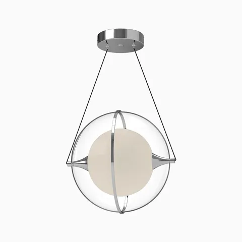 Chrome pendant with a frosted glass core inside a clear outer globe, framed by slender dark bands that create a sculptural, planetary silhouette