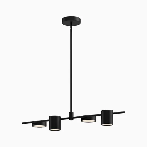 Modern linear pendant light with a matte black stem and horizontal arm holding four cylindrical shades in matching black, forming a clean geometric silhouette suited for contemporary dining areas.