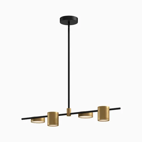 Linear pendant light with a matte black rod and bar supporting four brushed brass cylinder shades, offering warm metallic contrast and a clean geometric look for modern interiors.