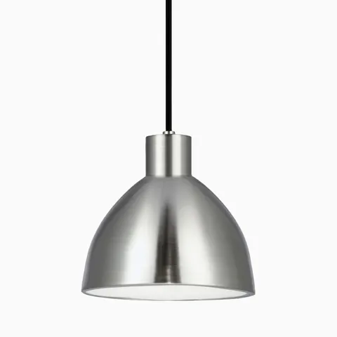 Silver brushed nickel dome pendant light with a satin finish, matching brushed nickel canopy, and black cord.