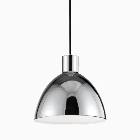 Chrome dome pendant light with a high-gloss reflective finish, chrome canopy, and black cord.