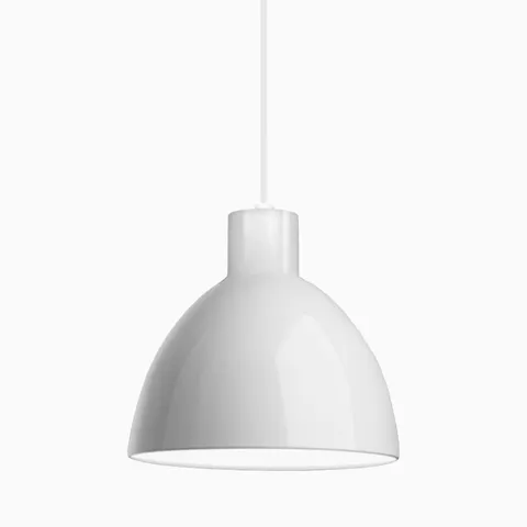 White dome pendant light with a smooth glossy finish and matching white cord.