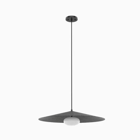 Modern pendant light with a wide gray felt shade, white globe diffuser, and slim black suspension rod with matching canopy.