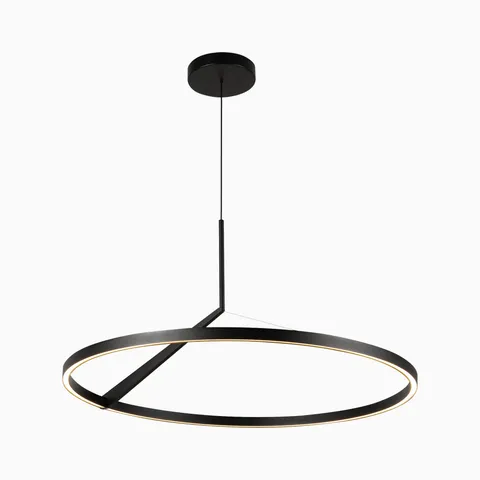 Contemporary black LED pendant light with a minimalist circular frame and integrated lighting band, suspended for a sleek floating appearance.