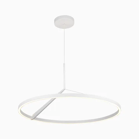Modern white LED pendant light with a circular ring frame and integrated light strip, creating even illumination for contemporary interiors.