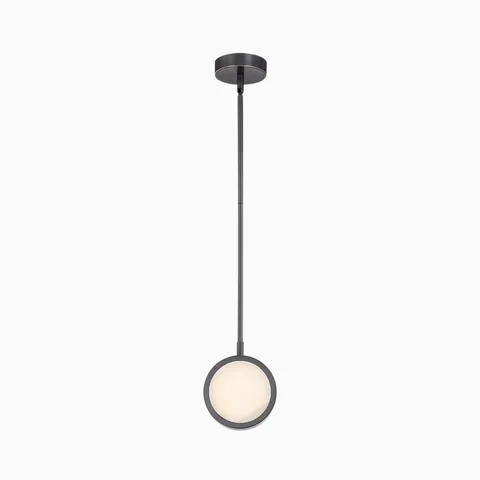 Universal voltage modern pendant light with dark gray finish and round integrated LED head.