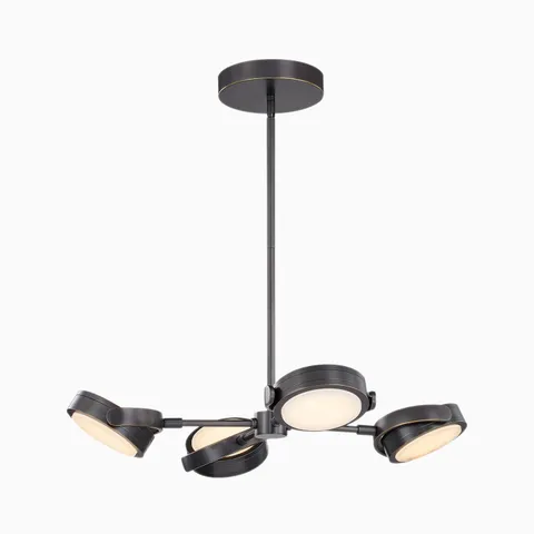 Modern LED pendant light with matte black finish and four adjustable round light heads.