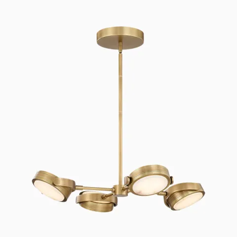 Modern LED pendant with brushed gold finish and four adjustable round light heads.