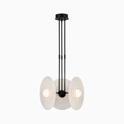 Urban bronze pendant light with three glossy opal glass disc shades and integrated LED bulbs.