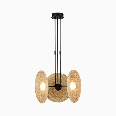 Urban bronze pendant light with three woven rattan disc shades and integrated LED bulbs.