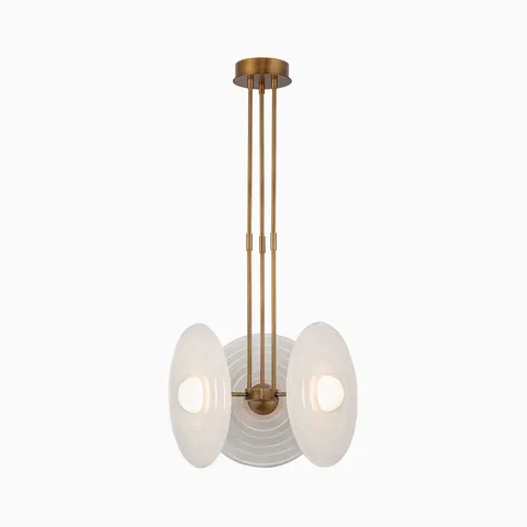 Vintage brass pendant light with three glossy opal glass disc shades and integrated LED bulbs.