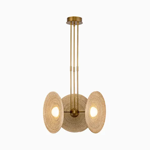 Vintage brass pendant light with three woven rattan disc shades and integrated LED bulbs.
