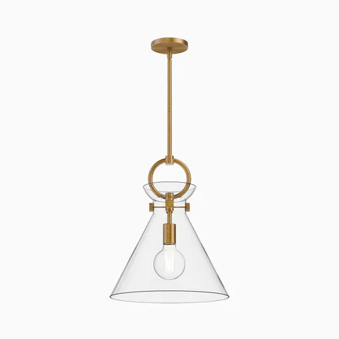 Aged gold pendant light with clear glass conical shade and exposed bulb suspended from a slim ceiling rod.