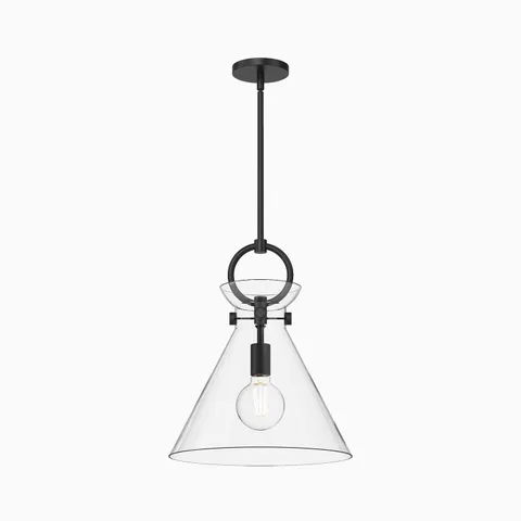 Matte black pendant light with clear glass conical shade and exposed bulb suspended from a slim ceiling rod.