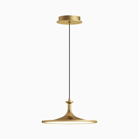 Brushed gold pendant light with a wide flat circular shade and slim cord suspension from a round ceiling canopy.