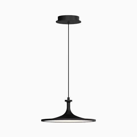 Matte black pendant light with a wide flat circular shade, slender stem, and cord suspension from a round ceiling canopy.