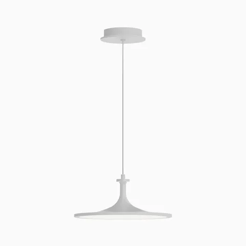 White pendant light with a wide flat circular shade, slender stem, and cord suspension from a round ceiling canopy.