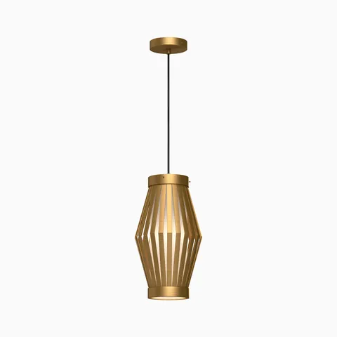 Aged gold pendant light with geometric slatted frame and opal matte glass inner diffuser suspended from a slim cord.