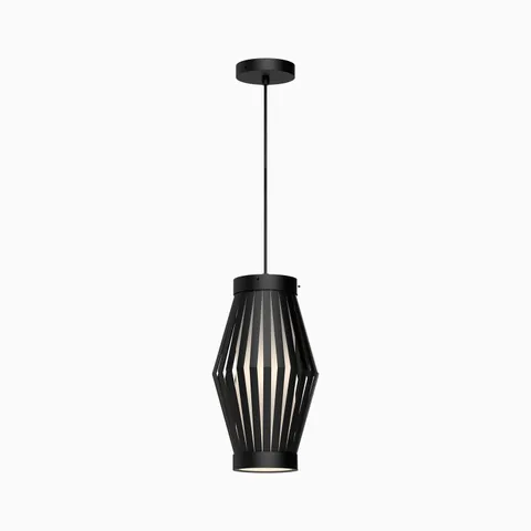 Matte black pendant light with geometric slatted frame and opal matte glass inner diffuser suspended from a slim cord.