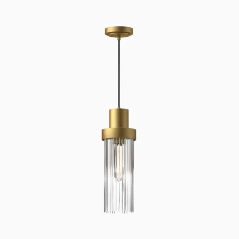 Modern pendant light in brushed gold with a cylindrical top and vertical clear glass rod shade, forming a layered silhouette that softly reflects light in contemporary spaces.
