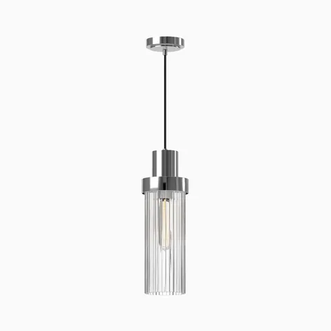 Polished chrome pendant light with a compact cylindrical mount and curtain of clear glass rods around the bulb, adding reflective sparkle and modern vertical detail indoors.