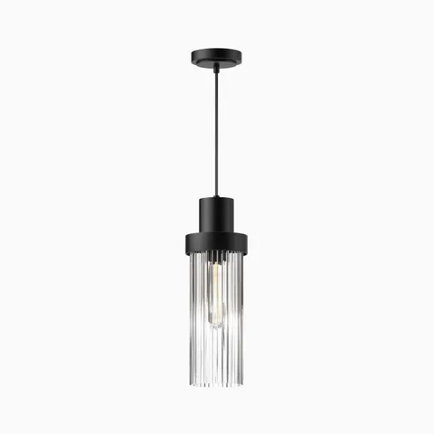 Modern pendant light with a matte black frame and vertical clear glass rod shade, forming a layered cylindrical silhouette that softly diffuses light in contemporary spaces.