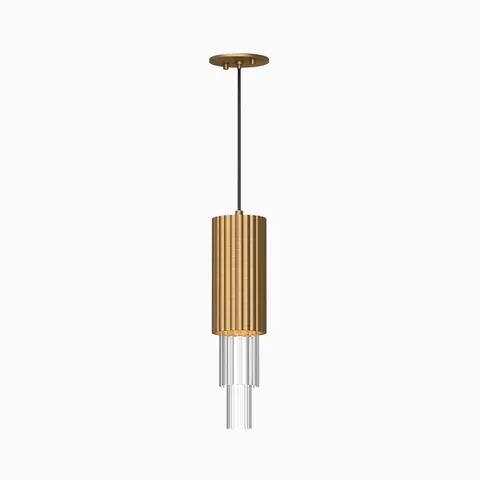 Modern LED pendant light with brushed gold ribbed shade and clear fluted glass diffuser.