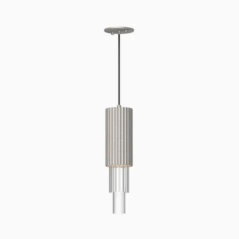 Modern LED pendant light with silvery finish ribbed shade and clear fluted glass diffuser.