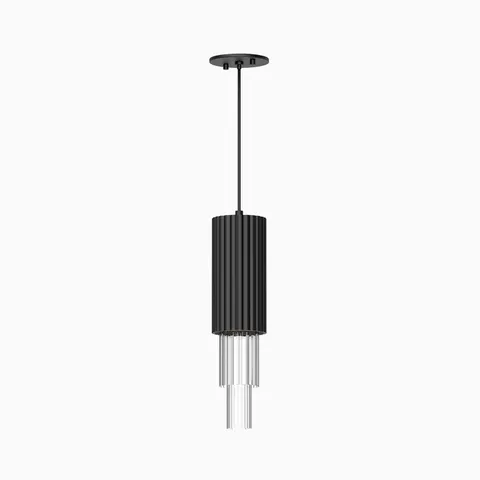 Modern LED pendant light with matte black ribbed shade and clear fluted glass diffuser.