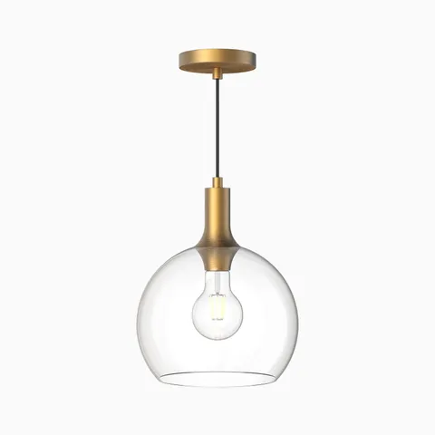 Pendant light with clear glass globe shade and brushed brass canopy and stem.