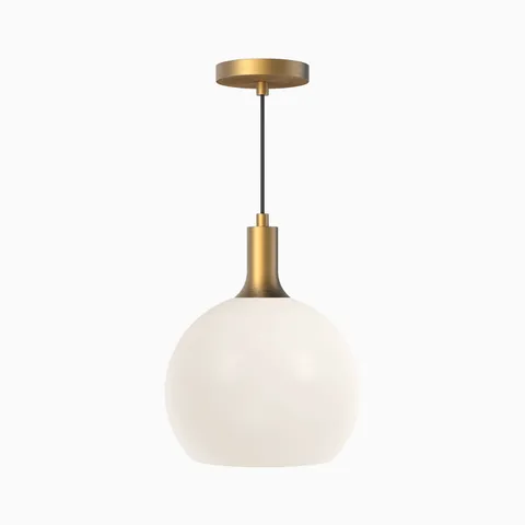 Pendant light with frosted glass globe shade and brushed brass canopy and stem.
