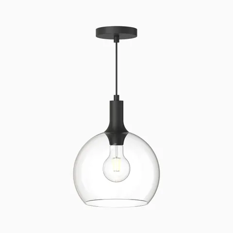 Pendant light with clear glass globe shade and matte black canopy and stem.
