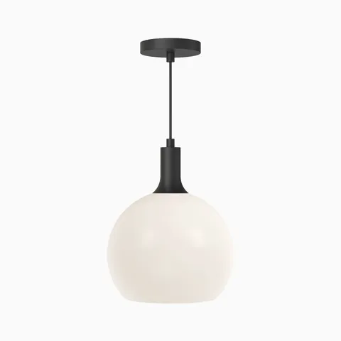 Pendant light with frosted glass globe shade and matte black canopy and stem.