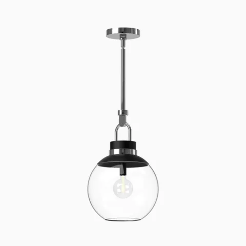 Chrome pendant light with a clear glass globe shade, black accents, and a polished chrome canopy.
