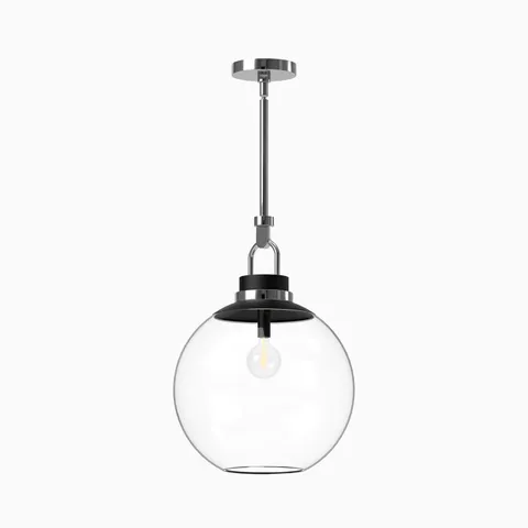 Chrome and black pendant light with a clear glass globe shade and visible bulb, suspended from a polished chrome canopy.
