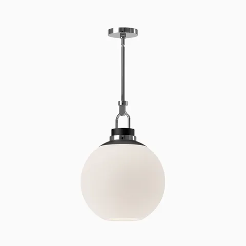 Matte opal glass globe pendant light with chrome hardware and a sleek chrome canopy.
