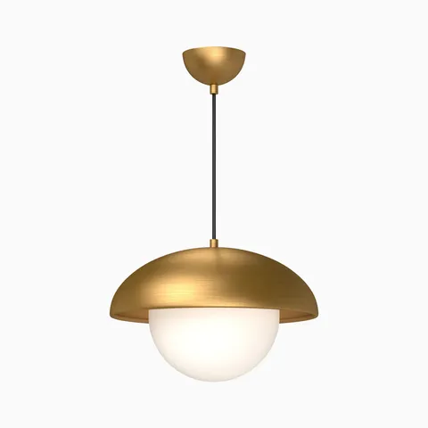 Modern brushed gold dome pendant with a white globe diffuser, offering balanced downward lighting for kitchens, dining areas, or living spaces.