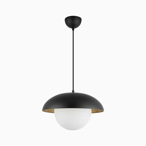 Modern black dome pendant with a white globe diffuser and warm gold interior, offering balanced downward lighting for kitchens or dining areas.